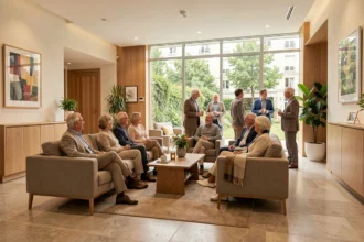 Seniors actifs et souriants réunis dans le hall d'une résidence senior moderne à Nantes, illustrant le classement des meilleures résidences seniors en 2026