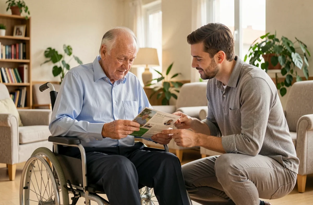 Résident en EHPAD et membre de sa famille consultant une brochure sur les tarifs et le reste à charge
