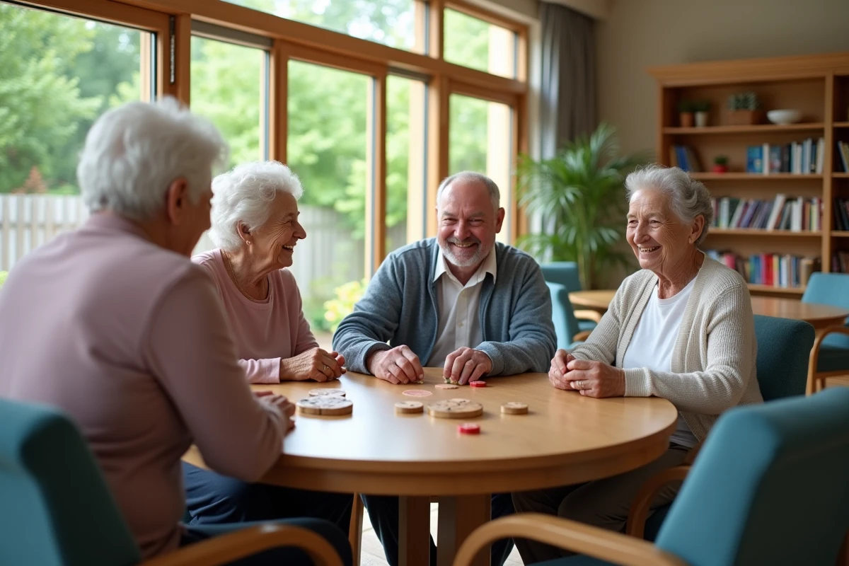 Trois résidents seniors jouant à un jeu de société ensemble dans la salle commune d'une maison de retraite