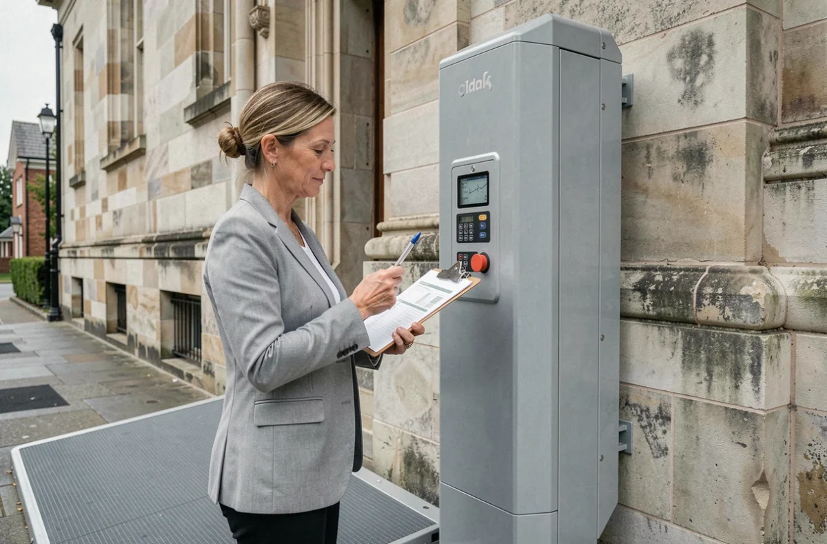 Responsable de bâtiment vérifiant la liste d'entretien d'un élévateur PMR extérieur sur façade de bâtiment historique
