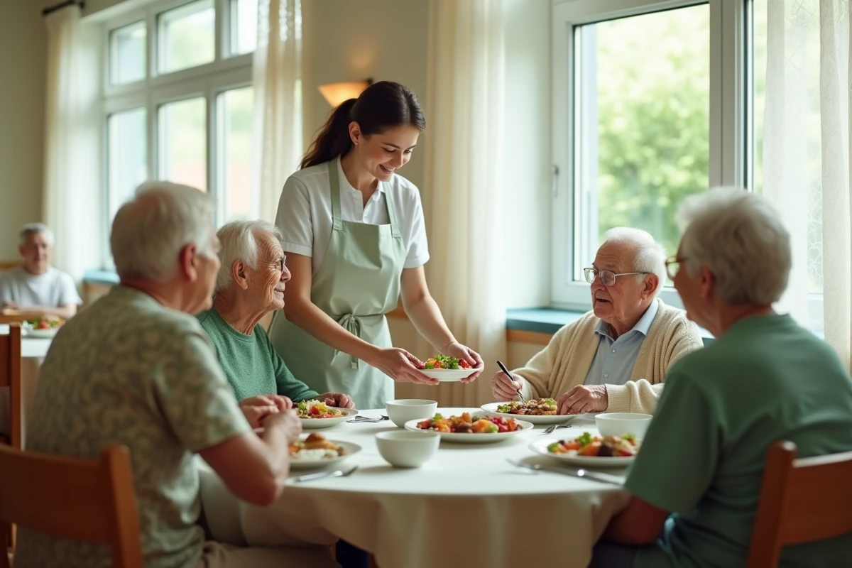 Repas en restauration collective dans la salle à manger d'un établissement pour personnes âgées