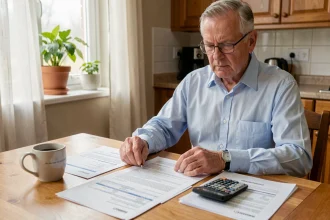 Retraité examinant ses documents fiscaux et relevés de pension à la table de sa cuisine