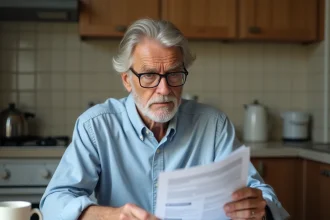 Retraité senior consultant ses relevés de pension Agirc Arrco à la table de sa cuisine en 2026