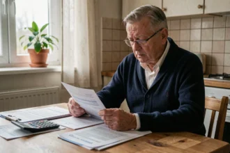 Retraité examinant des documents fiscaux à la table de cuisine, nouvelle taxe pour les seniors