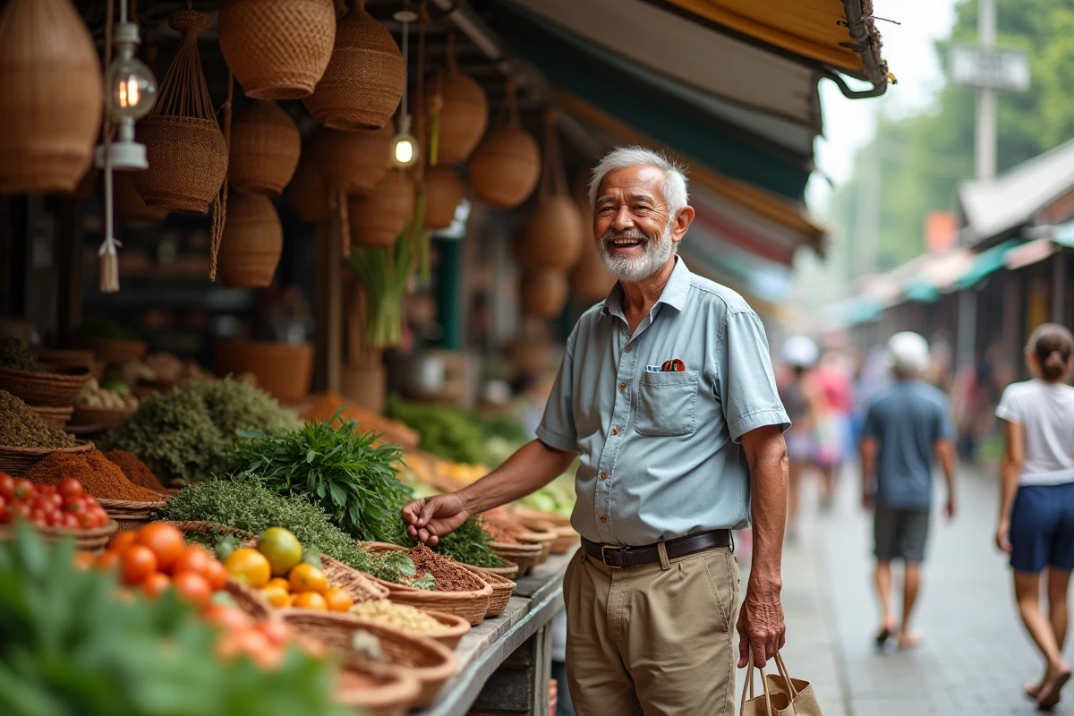 Retraité expatrié discutant avec un vendeur dans un marché local coloré en Asie du Sud-Est, entouré d'épices et de céramiques artisanales
