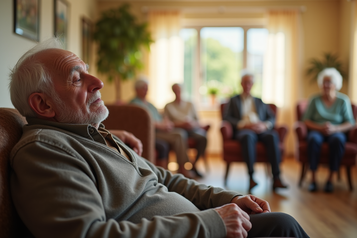 Homme age dozing dans un salon lumineux avec autres seniors