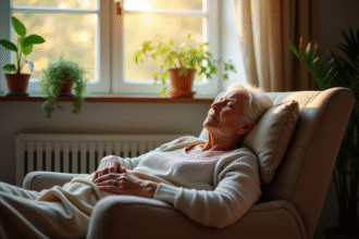 Femme agee dormant paisiblement dans un fauteuil lumineux