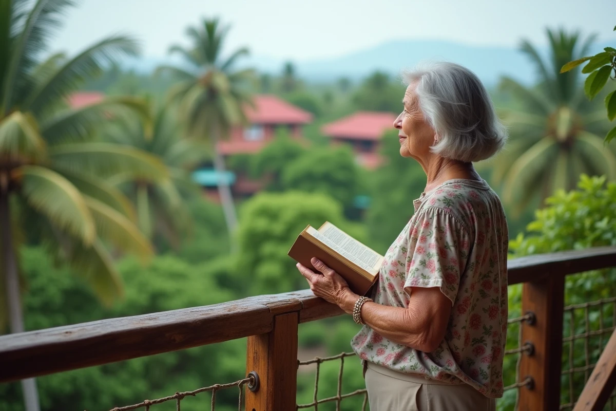 Femme retraitée aux cheveux argentés contemplant un paysage tropical depuis un balcon colonial, tenant un livre à la main