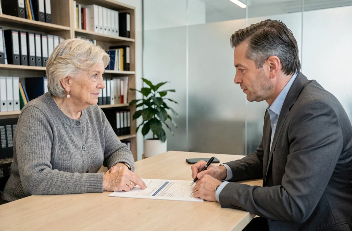 Retraitée en consultation avec un conseiller fiscal pour comprendre son abattement sur l'impôt sur le revenu