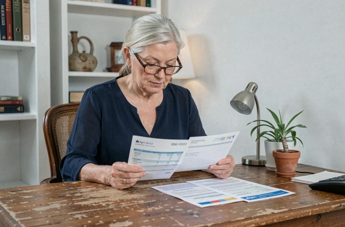 Femme retraitée vérifiant l'avis de versement de sa retraite Agirc-Arrco et son relevé bancaire à son bureau