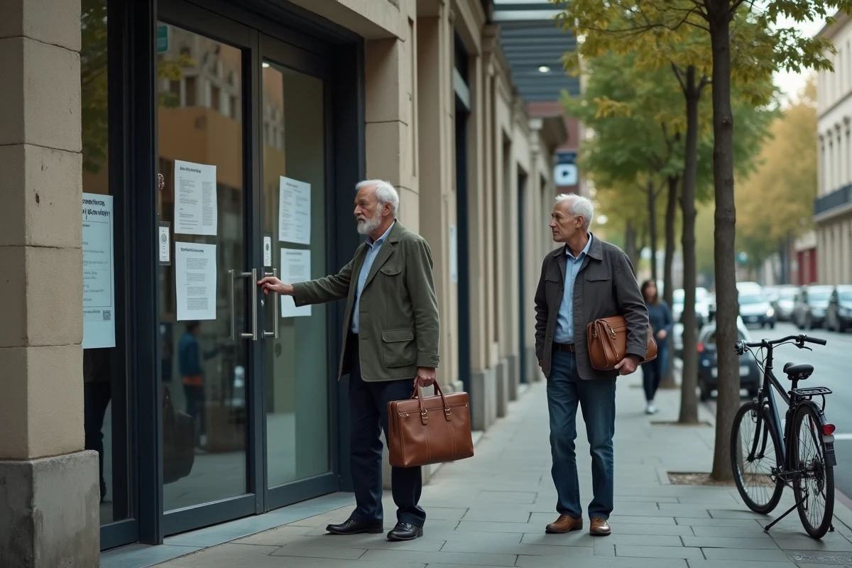 Homme senior debout devant une agence pour l'emploi, symbolisant les démarches après un licenciement en CDI pour les travailleurs âgés