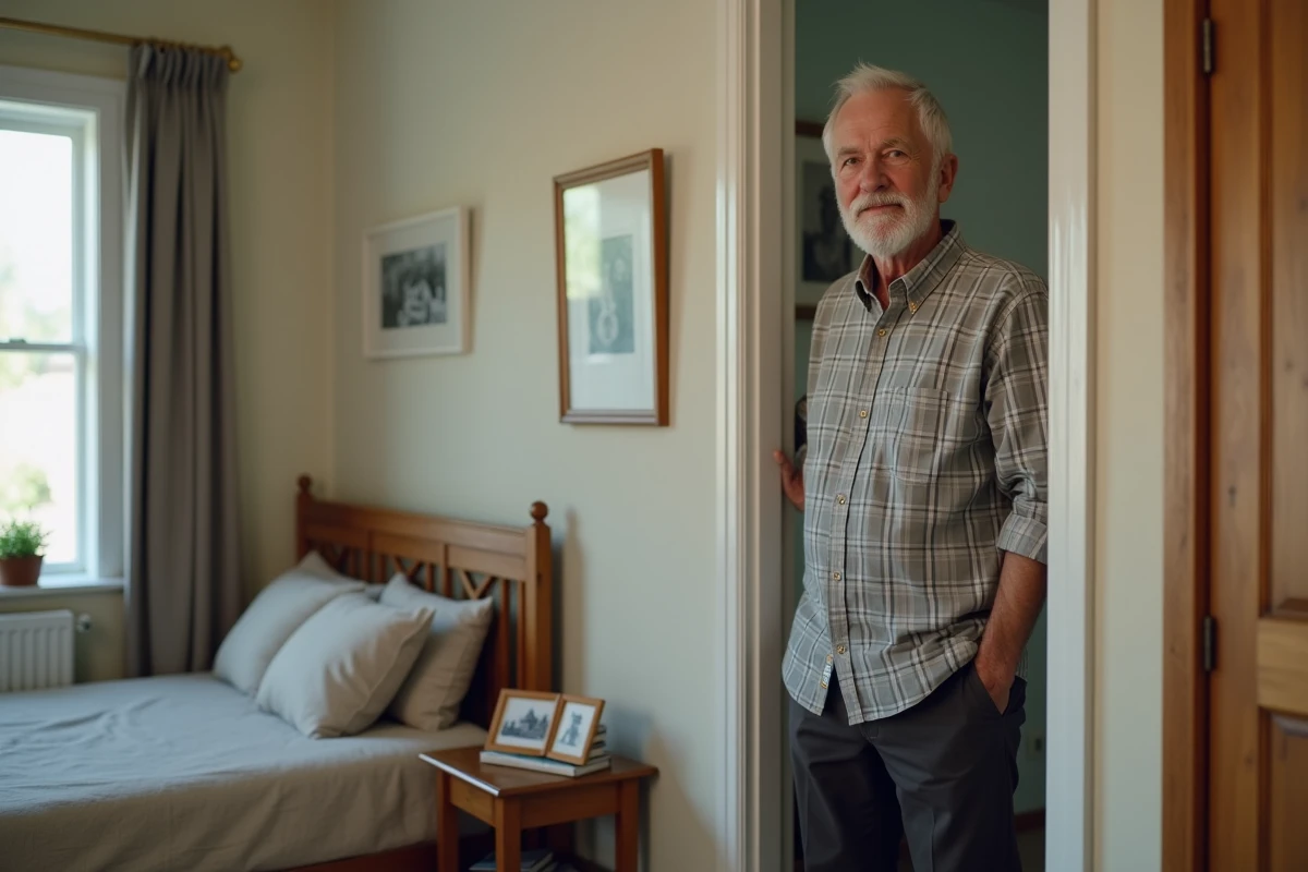 Senior homme dans l'embrasure de sa chambre privée en colocation, symbolisant l'autonomie préservée