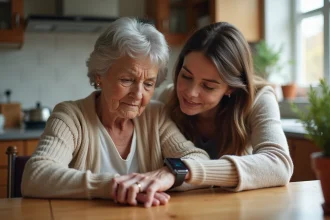 Une senior âgée confuse devant sa montre connectée, aidée par sa fille dans une cuisine chaleureuse