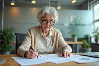 Une femme senior examine attentivement les clauses d'un contrat de séjour en EHPAD dans un bureau administratif