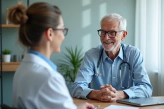 Senior homme discutant avec sa doctoresse dans un cabinet médical