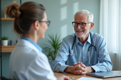 Senior homme discutant avec sa doctoresse dans un cabinet médical