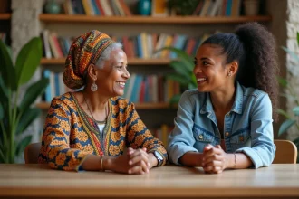Femme senior africaine souriante lors d'un atelier convivial