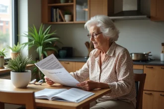 Femme âgée lisant brochures sur résidences seniors