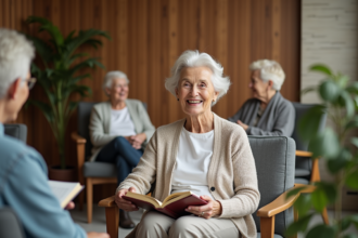 Femme senior souriante dans un salon chaleureux