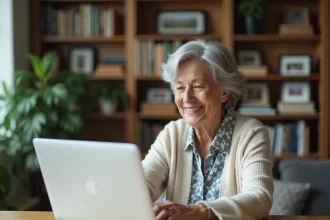 Femme senior souriante utilisant un ordinateur portable à la maison