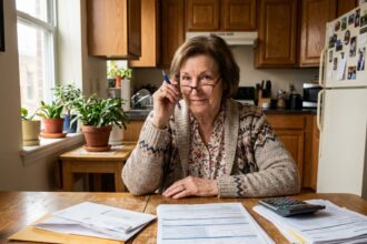 Femme senior étudie ses papiers de santé avec concentration
