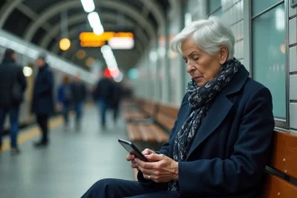 Femme senior assise à la gare avec smartphone inquiet
