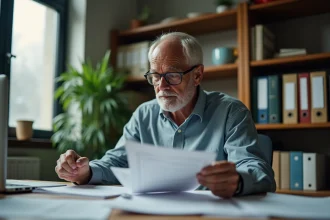 Homme senior consultant des documents de licenciement à son bureau à domicile, illustrant les démarches administratives liées au CDI senior
