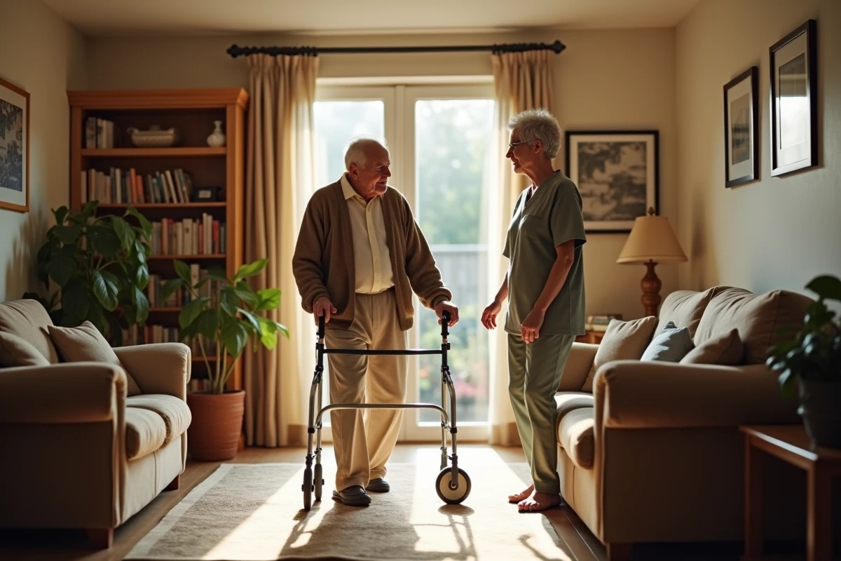 Homme âgé avec aide à domicile dans le salon lumineux