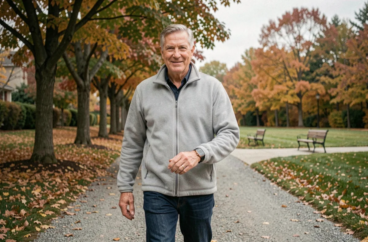 Senior homme portant une montre GPS SOS lors d'une promenade dans un parc en automne