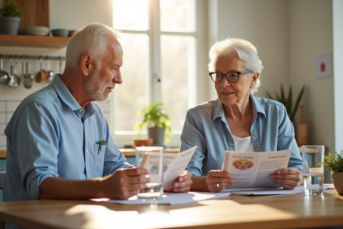 Seniors discutant autour d une table de cuisine ensoleillee