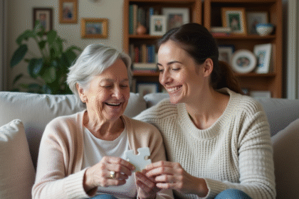Femme senior et aidante souriantes avec puzzle dans un salon