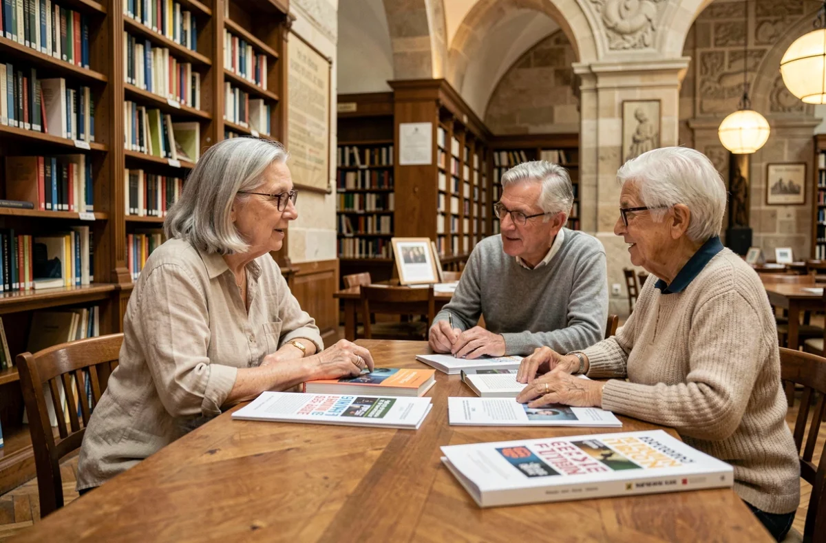 Seniors participant à un club de lecture gratuit dans une bibliothèque municipale parisienne