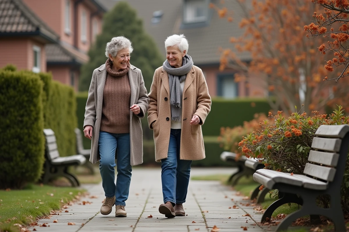 Deux femmes seniors se promenant dans le jardin commun d'une colocation, profitant de leur autonomie au quotidien