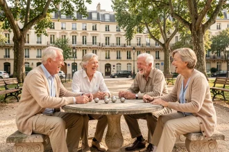 Groupe de seniors jouant à la pétanque dans un parc parisien, activité gratuite et conviviale