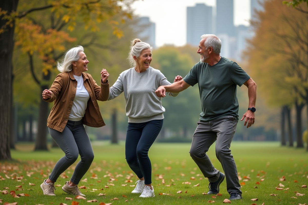 Trois seniors dansant la salsa dans un parc urbain