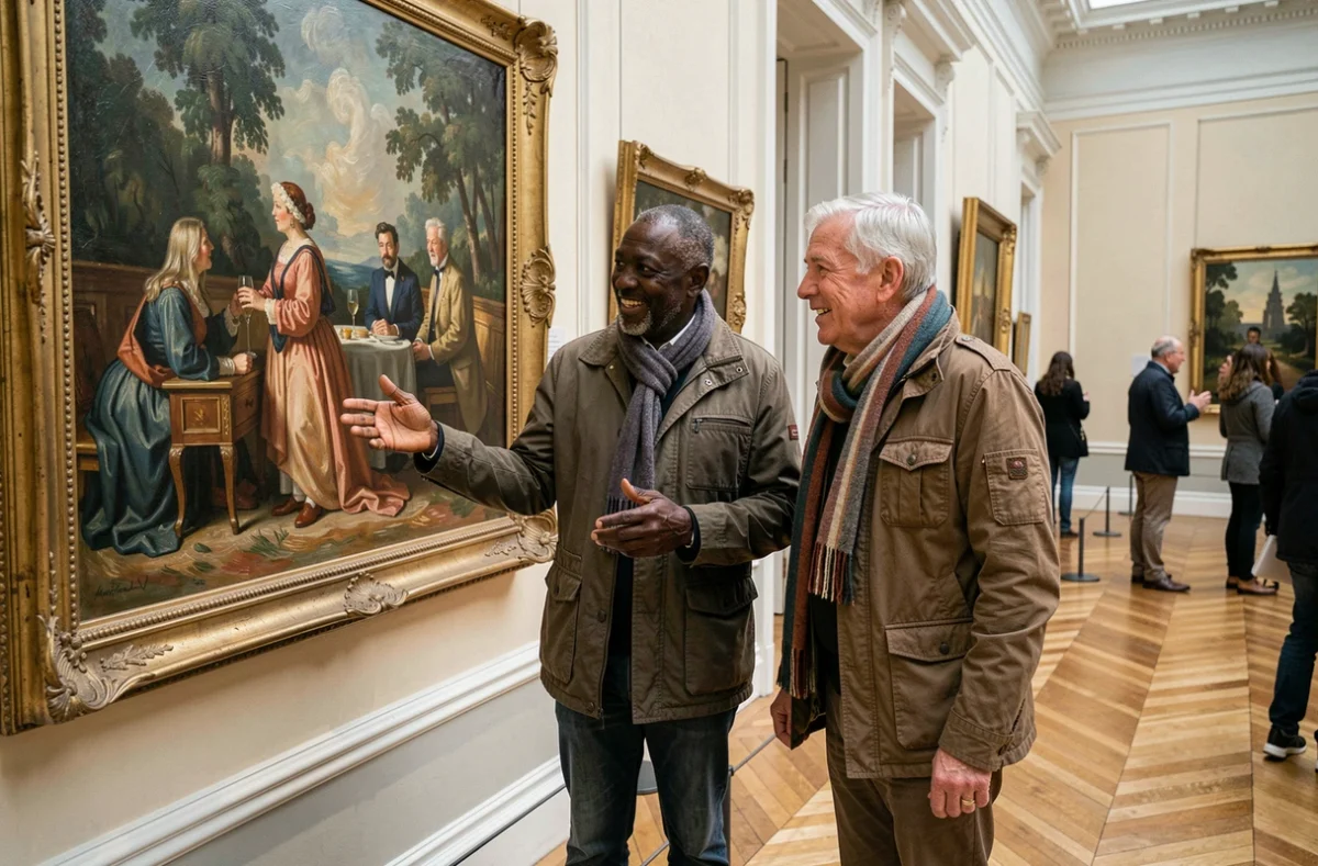Deux seniors visitant gratuitement un musée parisien et discutant d'une œuvre impressionniste