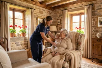 Une aide à domicile accompagne une personne âgée dans une maison en Centre-Val de Loire, illustrant les services à la personne de la région