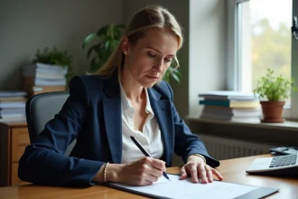Travailleuse sociale remplissant un formulaire de signalement pour une personne vulnérable en danger à domicile