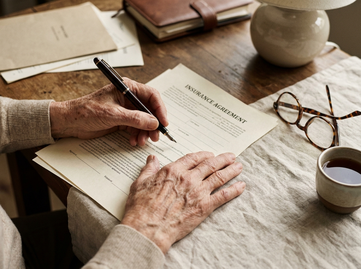 Mains d'une personne âgée tenant un stylo au-dessus d'un contrat d'assurance obsèques prêt à être signé