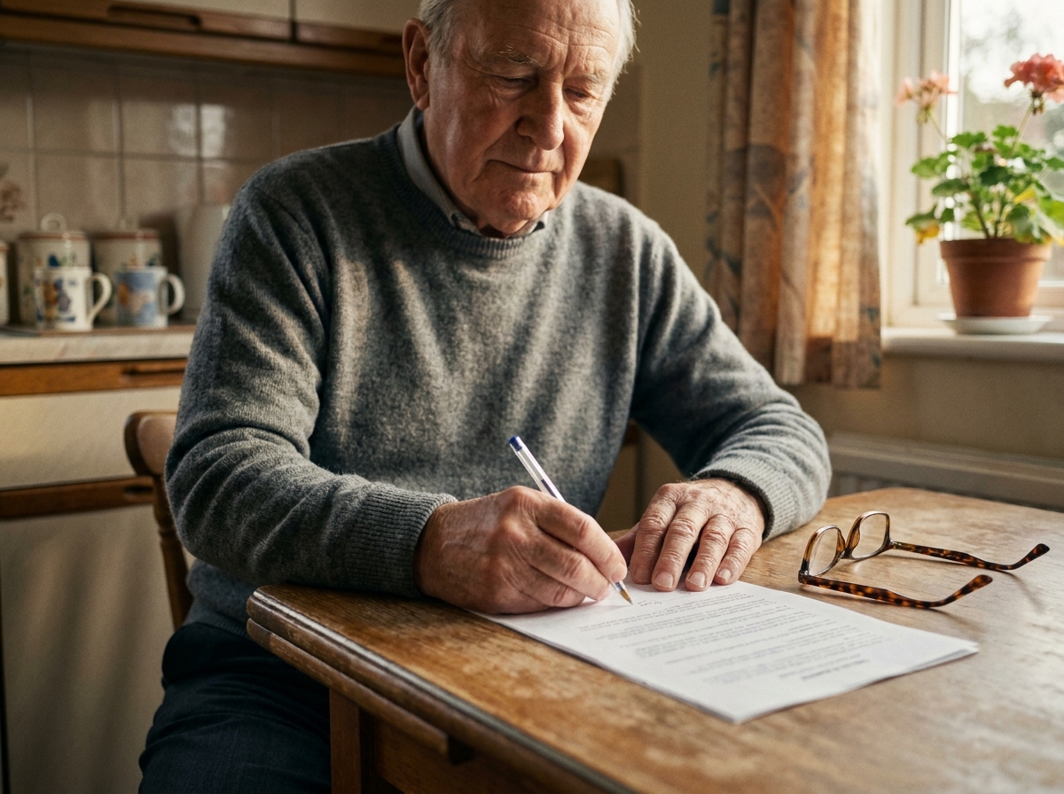 Homme âgé signant un contrat obsèques à la table de sa cuisine