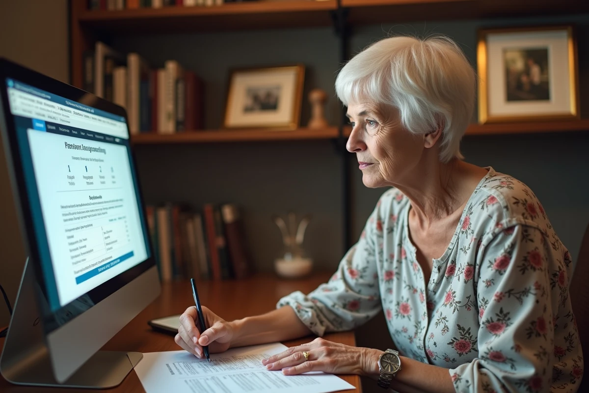 Femme âgée effectuant une simulation de pension de réversion en ligne sur un site gouvernemental depuis son bureau à domicile