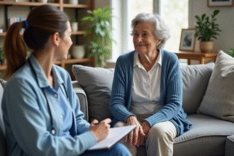Femme âgée en conversation avec une aide à domicile chaleureuse