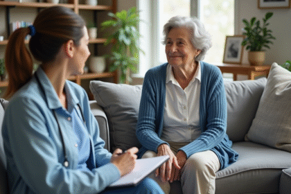 Femme âgée en conversation avec une aide à domicile chaleureuse