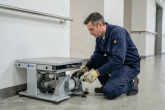 Technicien effectuant l'entretien d'un élévateur PMR dans un couloir de bâtiment public accessible