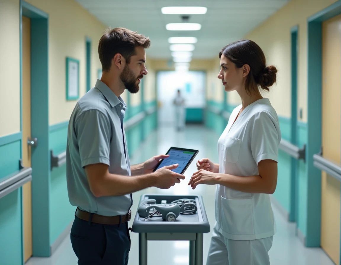 Technicien informatique et infirmière configurant le logiciel de soins netsoins.com sur une tablette dans le couloir d'un EHPAD