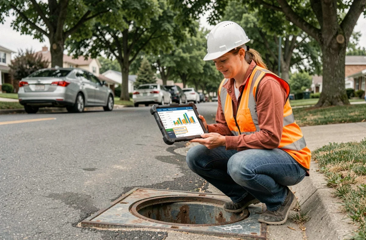 Technicienne de terrain consultant une interface de comparaison de solutions de télégestion sur tablette lors d'une intervention sur réseau urbain