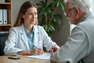 Neurologue administrant le test de l'horloge sur papier à un patient âgé dans un cabinet médical