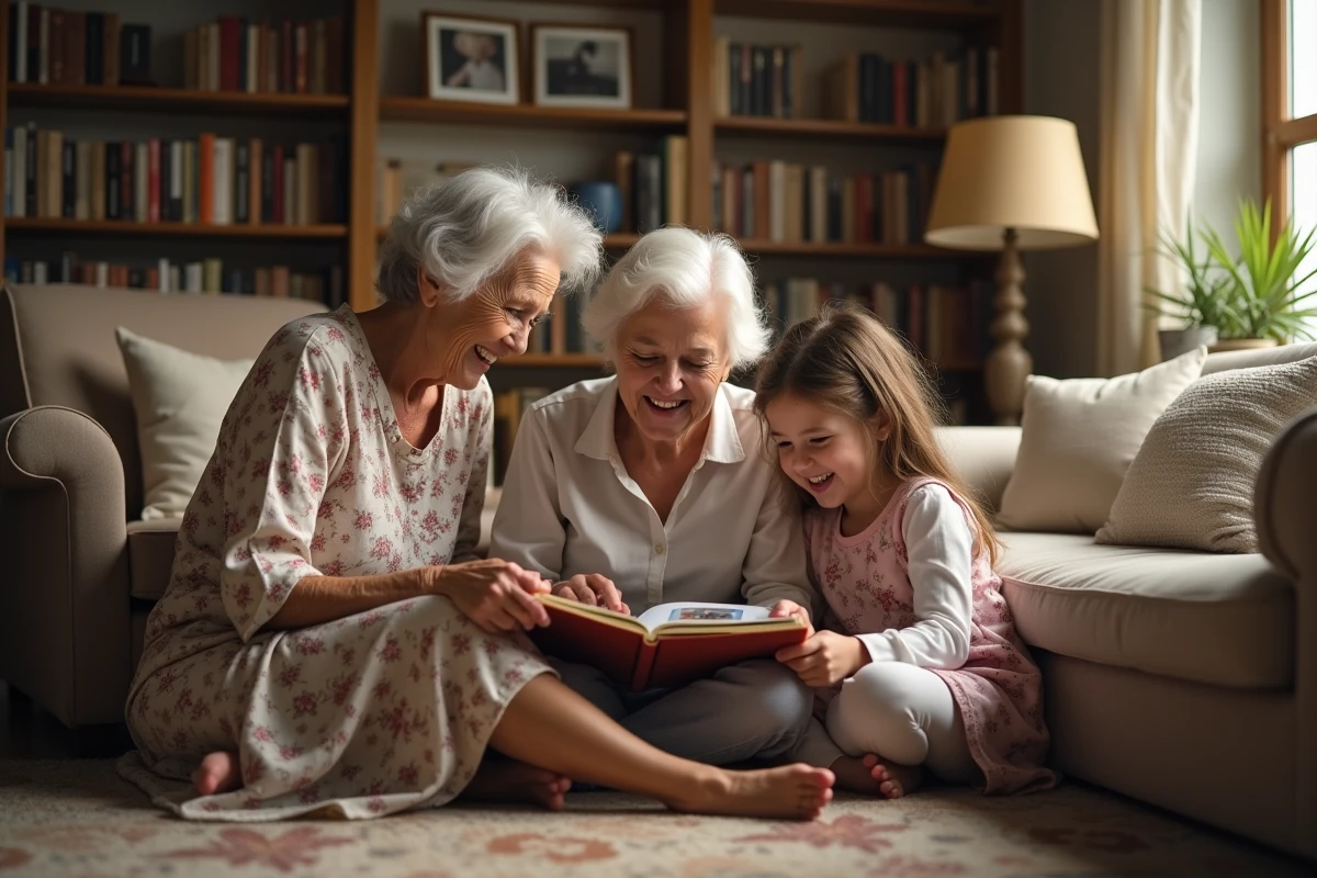 Trois générations de femmes réunies dans un salon familial autour d'un album photo, symbolisant la longévité et le vieillissement humain