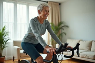 Senior femme réglant la résistance de son vélo appartement dans un salon confortable