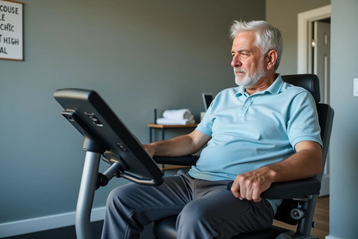 Homme senior sur vélo couché d'appartement consultant le tableau de bord de résistance